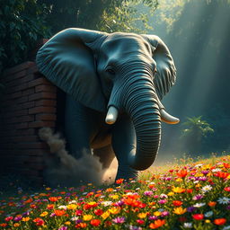A ferocious elephant breaking through a brick wall, bursting out of a dark jungle and into a beautifully lit flowery field