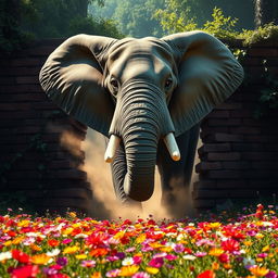 A ferocious elephant breaking through a brick wall, bursting out of a dark jungle and into a beautifully lit flowery field