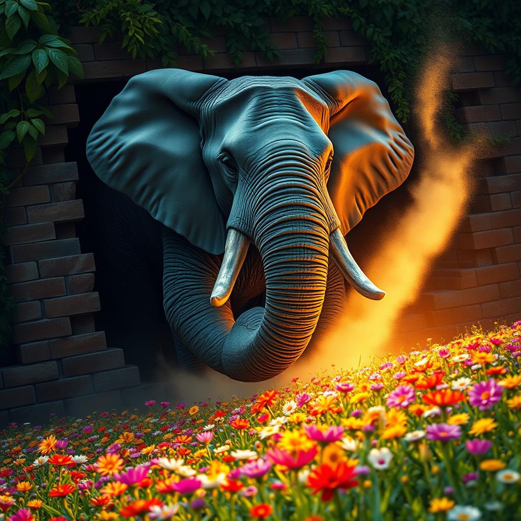 A ferocious elephant breaking through a brick wall, bursting out of a dark jungle and into a beautifully lit flowery field
