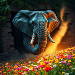 A ferocious elephant breaking through a brick wall, bursting out of a dark jungle and into a beautifully lit flowery field