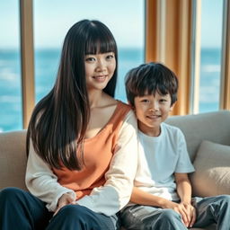A beautiful 20-year-old Japanese woman with thick straight hair that covers her ears and has heavy bangs, sitting on a sofa next to her 15-year-old younger brother
