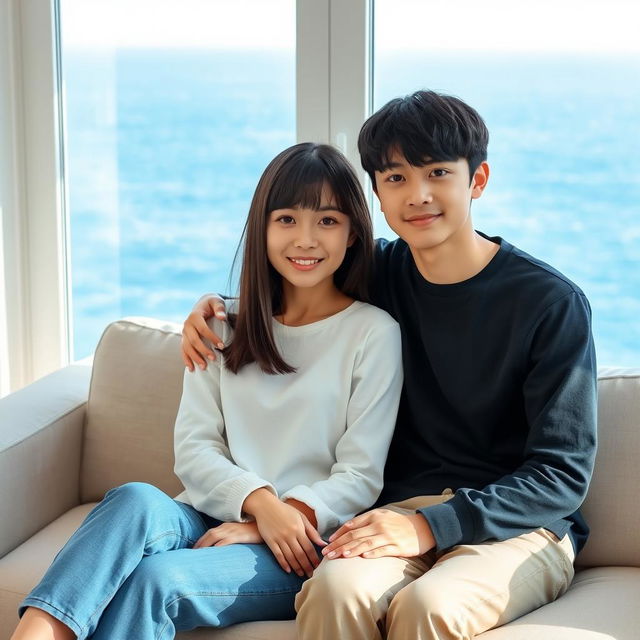 A beautiful 20-year-old Japanese woman with thick straight hair that covers her ears and has heavy bangs, sitting on a sofa next to her 15-year-old younger brother