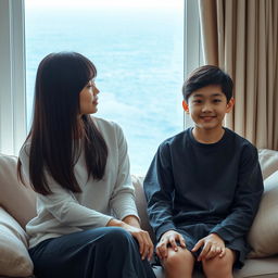 A beautiful 20-year-old Japanese woman with thick straight hair that covers her ears and has heavy bangs, sitting on a sofa next to her 15-year-old younger brother