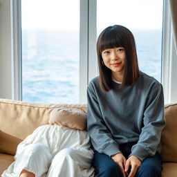 A beautiful 20-year-old Japanese woman with thick straight hair that covers her ears and has heavy bangs, sitting on a sofa next to her 15-year-old younger brother