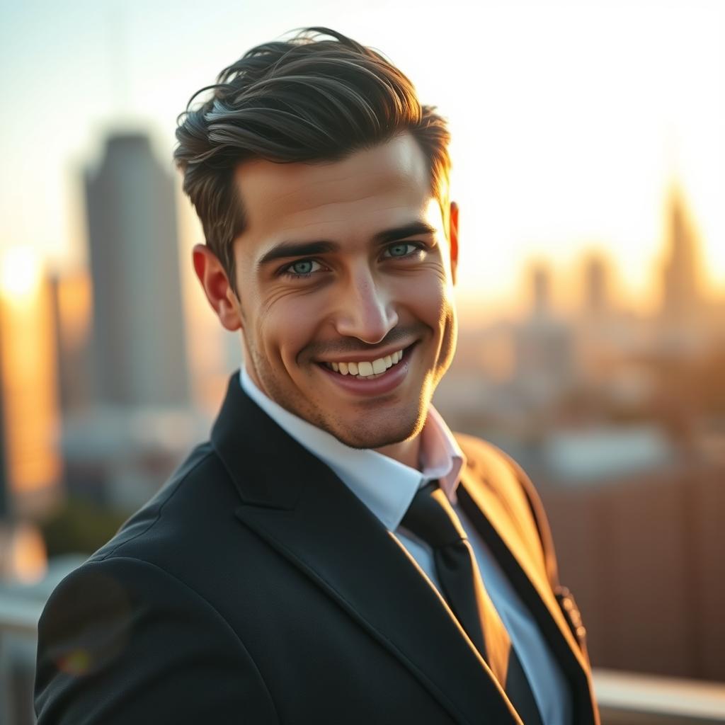 A charismatic, handsome man with chiseled features and a bright smile, dressed in a stylish, well-fitted suit, standing confidently against an urban backdrop