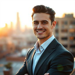 A charismatic, handsome man with chiseled features and a bright smile, dressed in a stylish, well-fitted suit, standing confidently against an urban backdrop