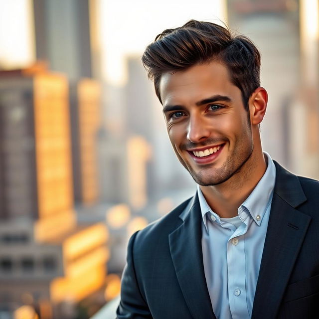 A charismatic, handsome man with chiseled features and a bright smile, dressed in a stylish, well-fitted suit, standing confidently against an urban backdrop