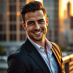 A charismatic, handsome man with chiseled features and a bright smile, dressed in a stylish, well-fitted suit, standing confidently against an urban backdrop