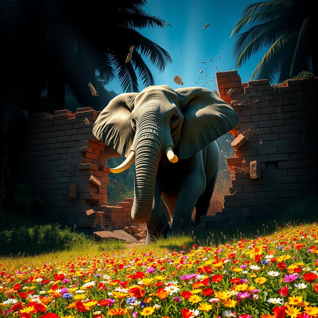 A ferocious elephant breaking through a crumbling brick wall, bursting out of a dark, lush jungle and into a beautifully lit flowery field