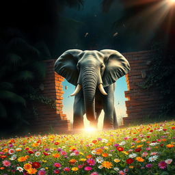 A ferocious elephant breaking through a crumbling brick wall, bursting out of a dark, lush jungle and into a beautifully lit flowery field