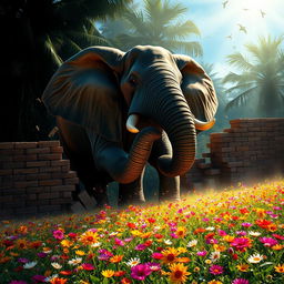 A ferocious elephant breaking through a crumbling brick wall, bursting out of a dark, lush jungle and into a beautifully lit flowery field