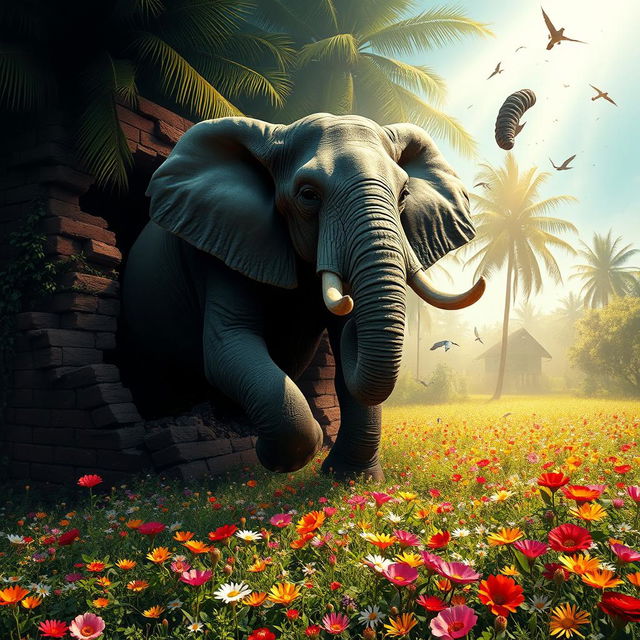 A ferocious elephant breaking through a crumbling brick wall, bursting out of a dark, lush jungle and into a beautifully lit flowery field