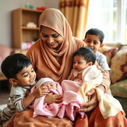 A loving Muslim Sri Lankan mother surrounded by her four children in a warm and joyful scene