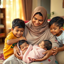 A loving Muslim Sri Lankan mother surrounded by her four children in a warm and joyful scene