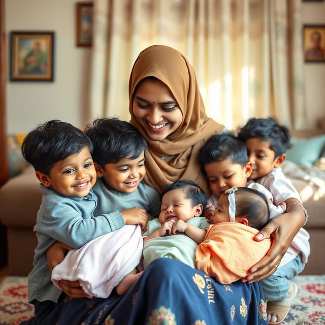 A loving Muslim Sri Lankan mother surrounded by her four children in a warm and joyful scene