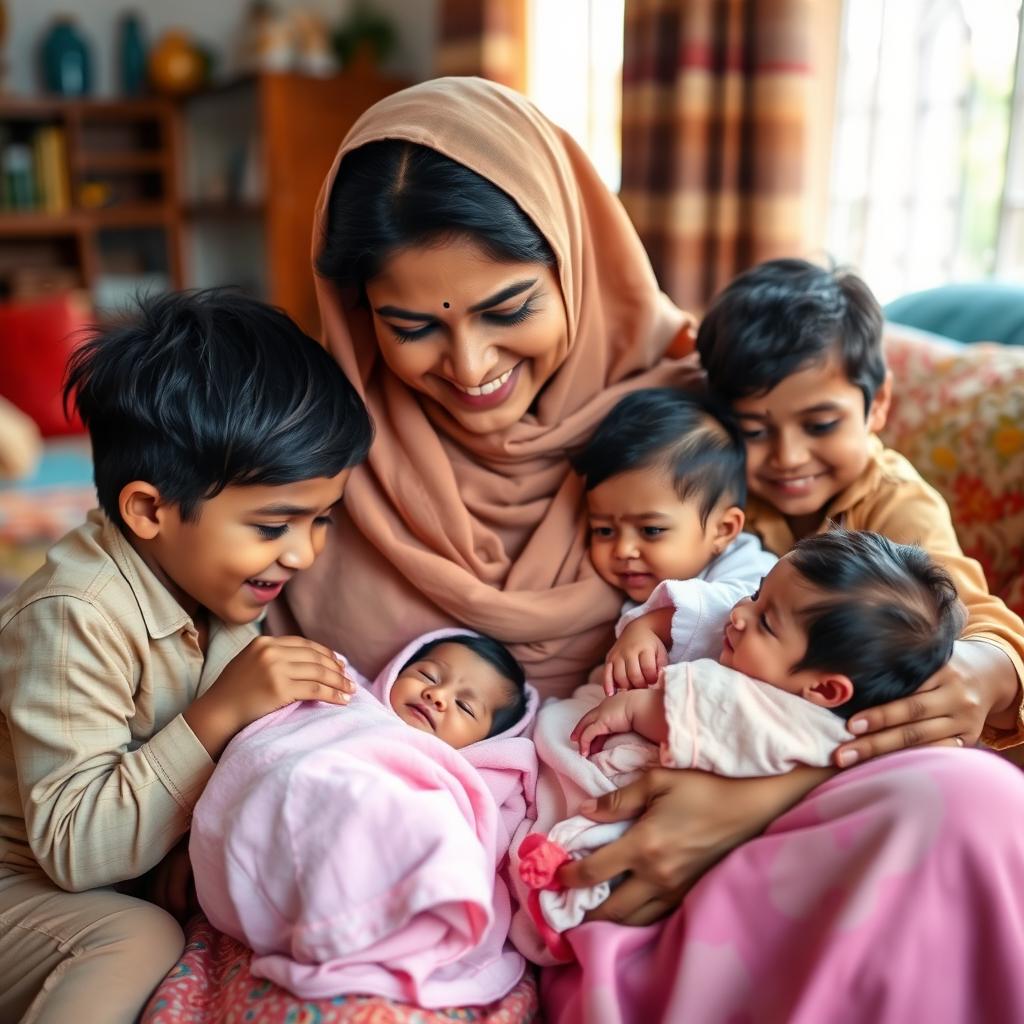 A loving Muslim Sri Lankan mother surrounded by her four children in a warm and joyful scene