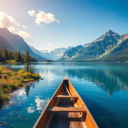 A serene landscape featuring a large, tranquil lake surrounded by majestic mountains in the background