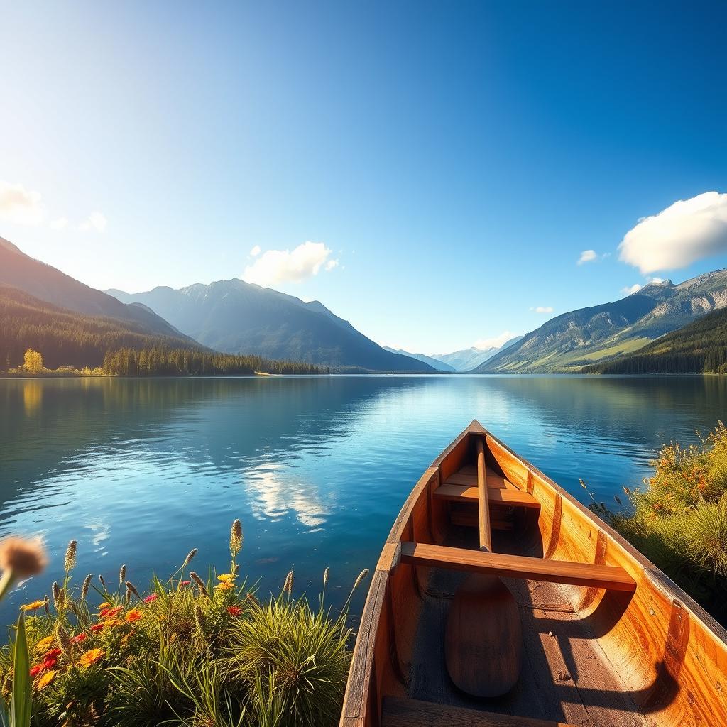 A serene landscape featuring a large, tranquil lake surrounded by majestic mountains in the background