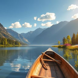 A serene landscape featuring a large, tranquil lake surrounded by majestic mountains in the background