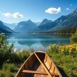 A serene landscape featuring a large, tranquil lake surrounded by majestic mountains in the background