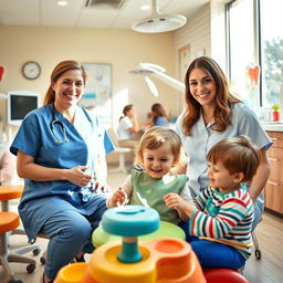 A bright and cheerful dental office, featuring a married couple of dentists, a female dentist and her husband, who is also a dentist