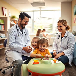 A bright and cheerful dental office, featuring a married couple of dentists, a female dentist and her husband, who is also a dentist