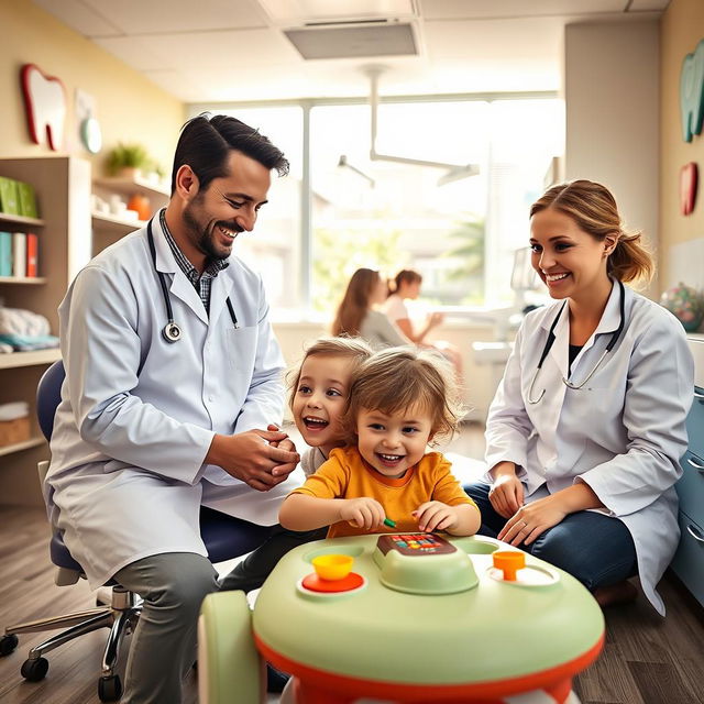 A bright and cheerful dental office, featuring a married couple of dentists, a female dentist and her husband, who is also a dentist