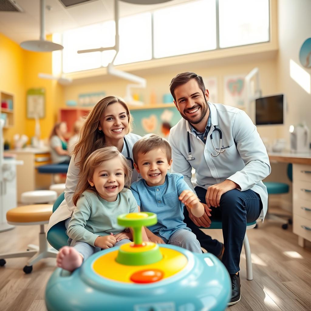 A bright and cheerful dental office, featuring a married couple of dentists, a female dentist and her husband, who is also a dentist