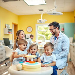 A bright and cheerful dental office, featuring a married couple of dentists, a female dentist and her husband, who is also a dentist