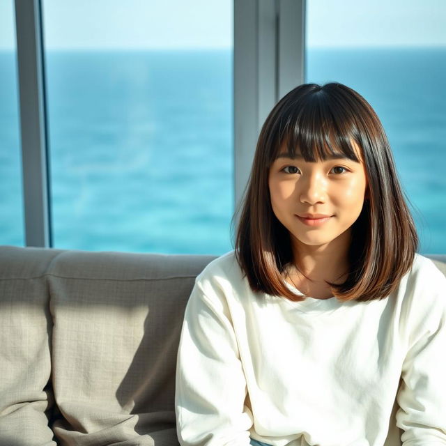 A beautiful Japanese woman, 20 years old, with thick, straight hair that covers her ears and has bangs, sitting on a sofa next to her younger brother, 15 years old