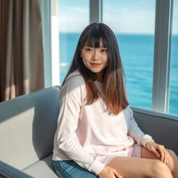 A beautiful Japanese woman, 20 years old, with thick, straight hair that covers her ears and has bangs, sitting on a sofa next to her younger brother, 15 years old