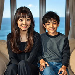 A beautiful Japanese woman, 20 years old, with thick, straight hair that covers her ears and has bangs, sitting on a sofa next to her younger brother, 15 years old
