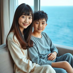 A beautiful Japanese woman, 20 years old, with thick, straight hair that covers her ears and has bangs, sitting on a sofa next to her younger brother, 15 years old