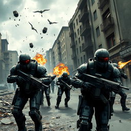 A dramatic scene depicting a battle between the Combine forces and a group of human resistance fighters in a dystopian urban environment