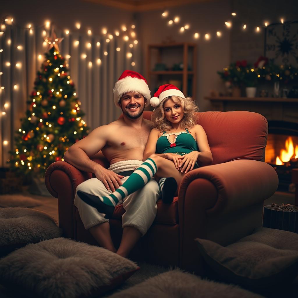 A white, muscular 41-year-old man with a chiseled physique lounges comfortably in a plush, oversized armchair, wearing a whimsical Santa-inspired outfit complete with a fluffy red and white hat but no shirt