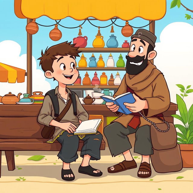 A simple cartoon image of a tea-selling boy wearing torn clothes, sitting on a wooden bench, listening intently to a traveler who is animatedly telling stories