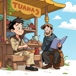 A simple cartoon image of a tea-selling boy wearing torn clothes, sitting on a wooden bench, listening intently to a traveler who is animatedly telling stories