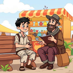 A simple cartoon image of a tea-selling boy wearing torn clothes, sitting on a wooden bench, listening intently to a traveler who is animatedly telling stories