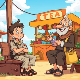 A simple cartoon image of a tea-selling boy wearing torn clothes, sitting on a wooden bench, listening intently to a traveler who is animatedly telling stories