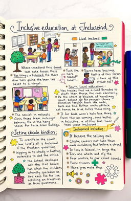 A detailed and colorful journal page reflecting on inclusive education at various levels