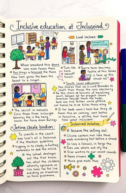 A detailed and colorful journal page reflecting on inclusive education at various levels