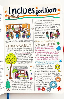 A detailed and colorful journal page reflecting on inclusive education at various levels