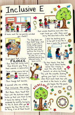 A detailed and colorful journal page reflecting on inclusive education at various levels