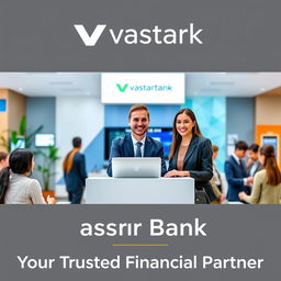 A modern, sleek promotional poster for Vastr Bank, featuring a friendly and professional bank representative engaging with a diverse group of customers in a well-lit banking environment