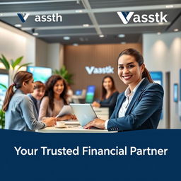 A modern, sleek promotional poster for Vastr Bank, featuring a friendly and professional bank representative engaging with a diverse group of customers in a well-lit banking environment