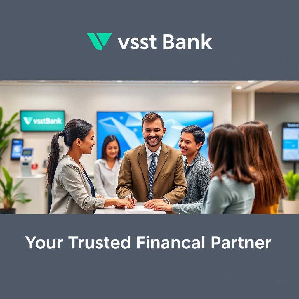 A modern, sleek promotional poster for Vastr Bank, featuring a friendly and professional bank representative engaging with a diverse group of customers in a well-lit banking environment