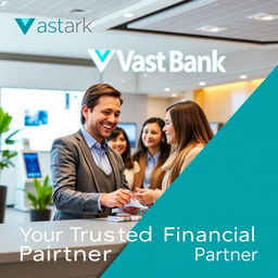 A modern, sleek promotional poster for Vastr Bank, featuring a friendly and professional bank representative engaging with a diverse group of customers in a well-lit banking environment