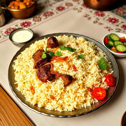 A beautifully arranged plate of Basmati rice with traditional Kachchi Biryani, featuring fragrant, fluffy long-grain rice, tender marinated lamb pieces with vibrant saffron and spices, garnished with caramelized onions, fresh coriander, and mint leaves