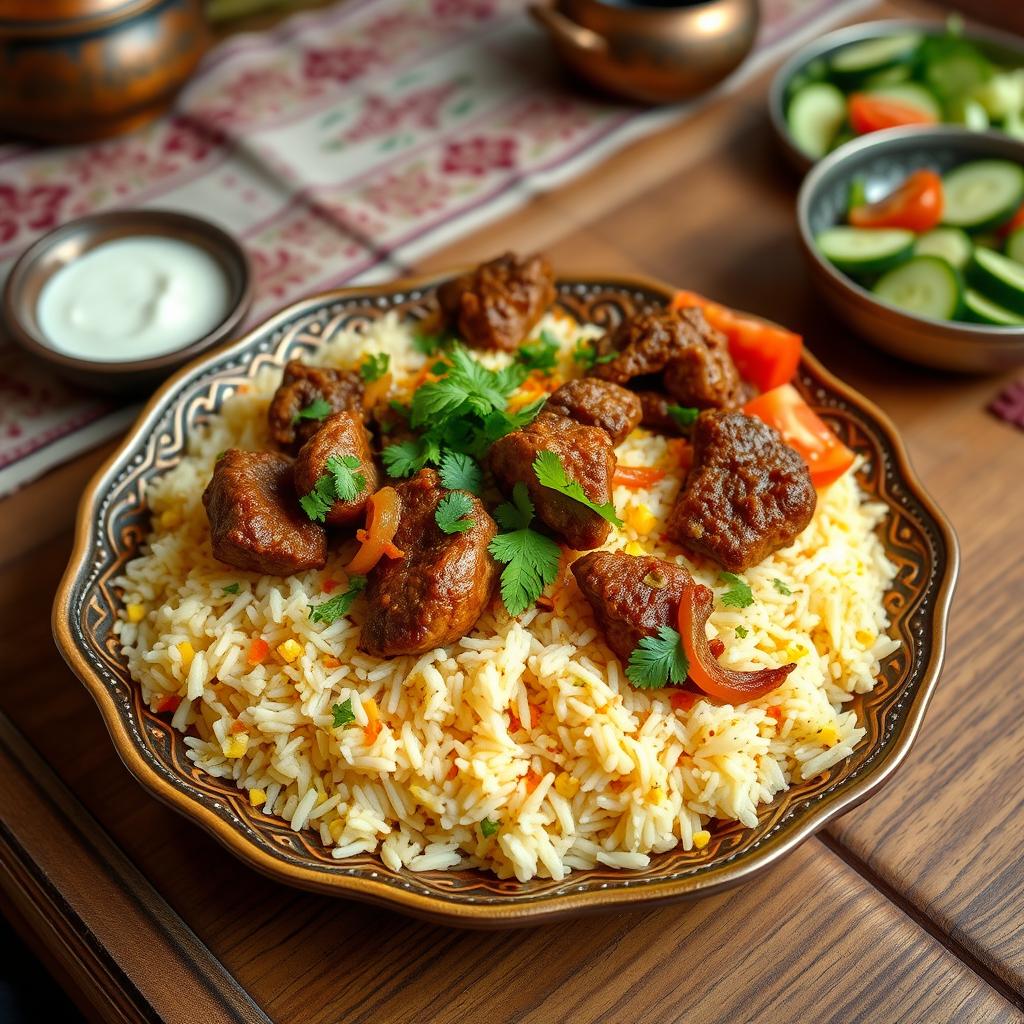 A beautifully arranged plate of Basmati rice with traditional Kachchi Biryani, featuring fragrant, fluffy long-grain rice, tender marinated lamb pieces with vibrant saffron and spices, garnished with caramelized onions, fresh coriander, and mint leaves