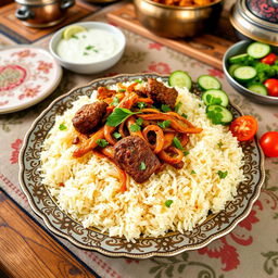A beautifully arranged plate of Basmati rice with traditional Kachchi Biryani, featuring fragrant, fluffy long-grain rice, tender marinated lamb pieces with vibrant saffron and spices, garnished with caramelized onions, fresh coriander, and mint leaves